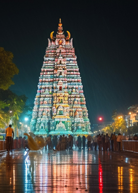 Night view of beautifully lit Hindu temple tower in Kanyakumari – famous South Indian pilgrimage destination